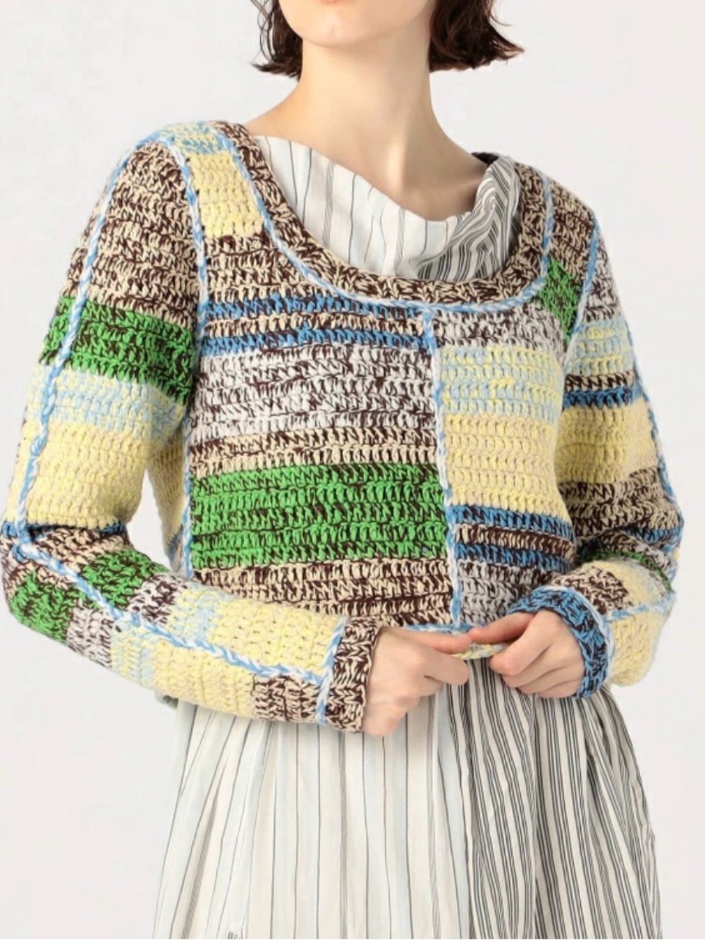 Sea Patchwork Cropped Crew Sweater in Yellow, Green & Blue